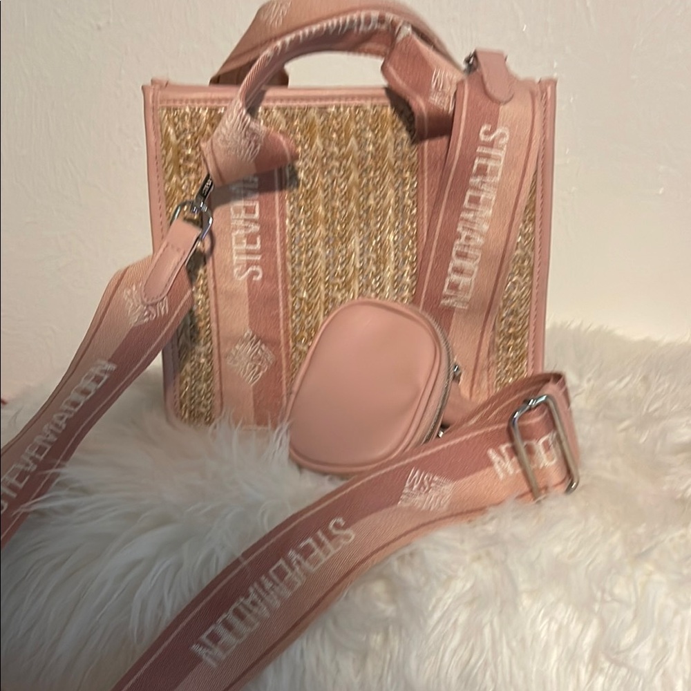 Steve Madden Pink and Tan Tote Bag with Woven Design